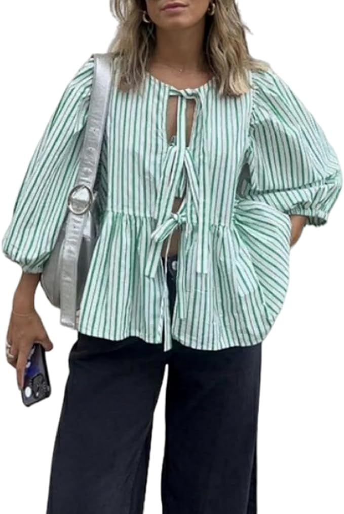 Women Y2k Peplum Shirt Puff Short Sleeve Lace Up Bow Blouse Tie Open Front Ruffle Hem Blouses Top... | Amazon (US)