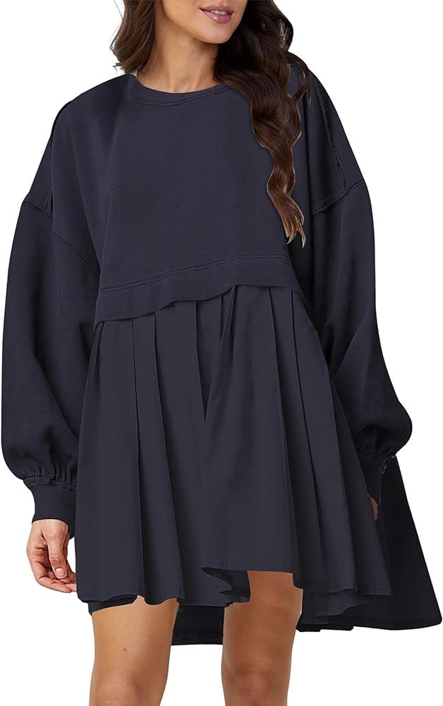 JEIBKOUY Women Oversized Sweatshirt Dress Crew Neck Long Sleeve Pullover Tops Color Block Relaxed... | Amazon (US)