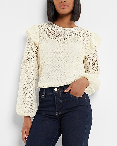 Lace Long Sleeve Ruffle Shoulder Top | Express