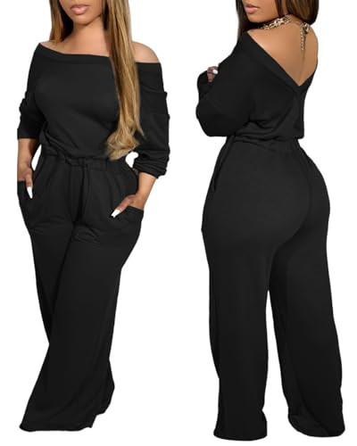 CHICME Off Shoulder Jumpsuits for Women Long Sleeve Wide Leg Dressy Overalls (Black, S) | Amazon (US)
