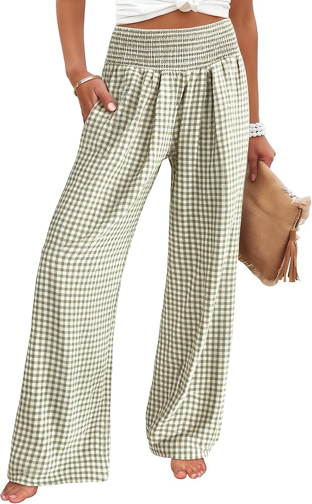 ANRABESS Womens Striped Gingham Palazzo Pants Wide Leg High Waisted Lounge Pajama Pants Cute Casu... | Amazon (US)