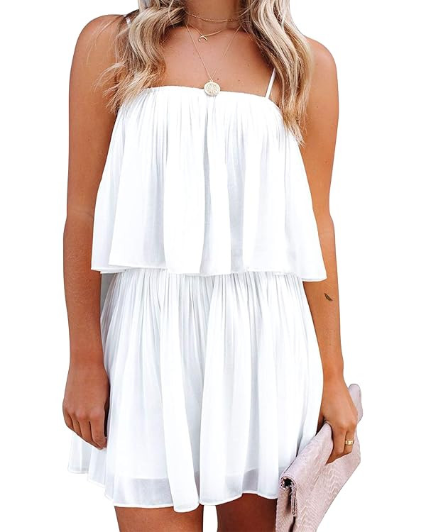 EXLURA Womens 2024 Summer Romper Dress Spaghetti Strap Pleated Fashion Short Jumpsuit Outfits | Amazon (US)