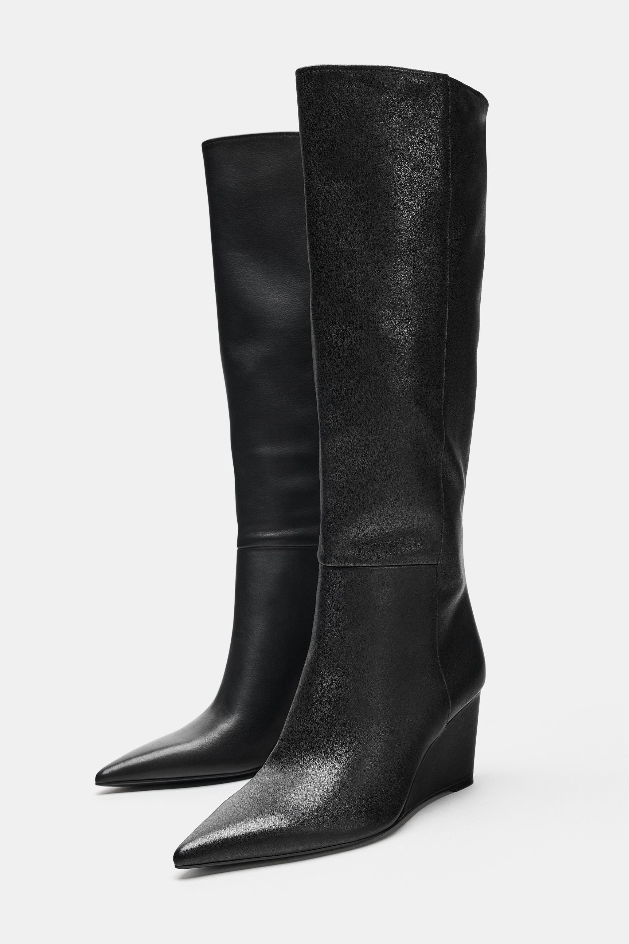 LEATHER WEDGE KNEE-HIGH BOOTS | Zara US