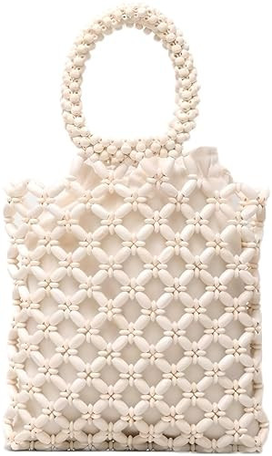 YYW Unique Handmade Wooden Bead Tote Bag for Women, Small Handwoven Clutch Purses Woven Bucket Handbag Summer Beach Bag and Drawstring Handbag (black and white) (Off white) | Amazon (US)