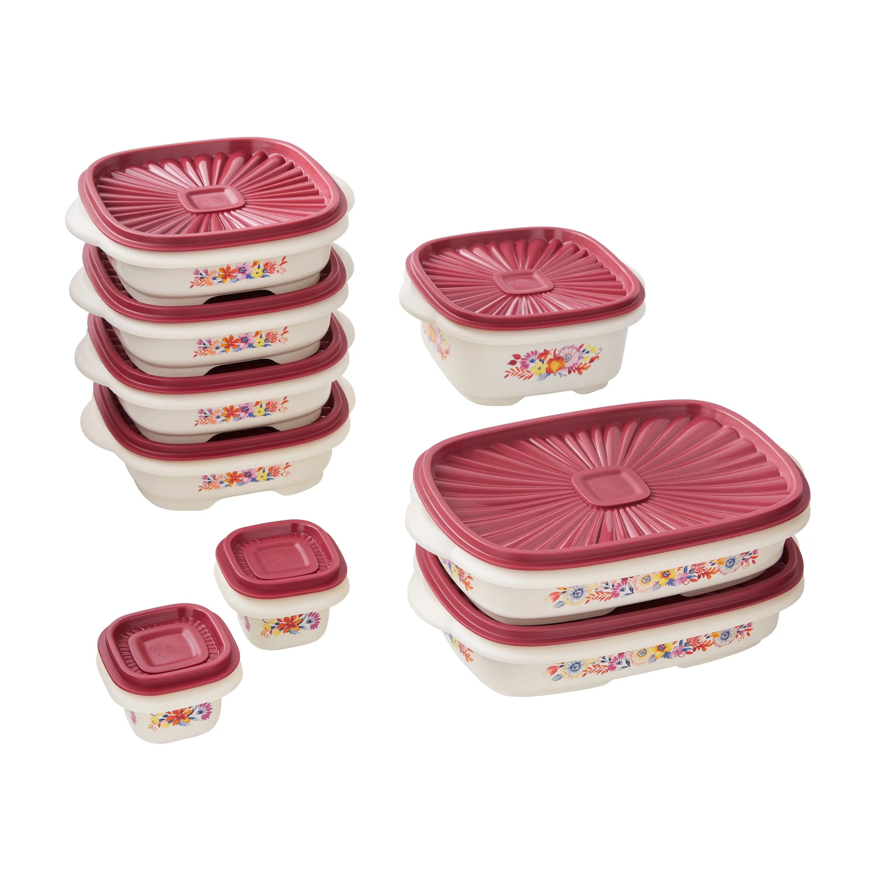 The Pioneer Woman 18-Piece Mixed Capacity Plastic Food Storage Container Set, White/Red - Walmart... | Walmart (US)
