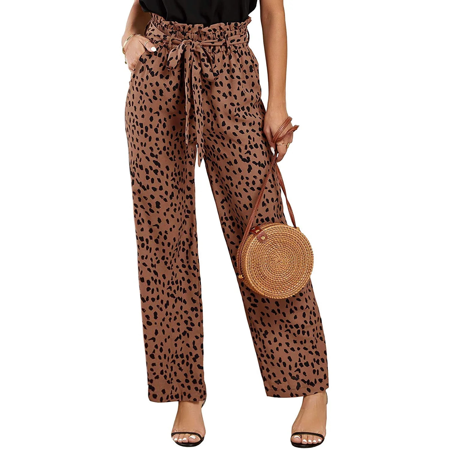 Mafulus Womens High Waisted Leopard Print Palazzo Pants Belted Wide Leg Long Trousers with Pocket... | Walmart (US)