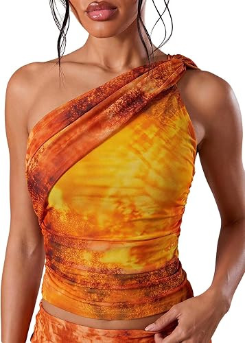 OYOANGLE Women's Tie Dye One Shoulder Crop Top Ruched Rave Going Out Tops | Amazon (US)