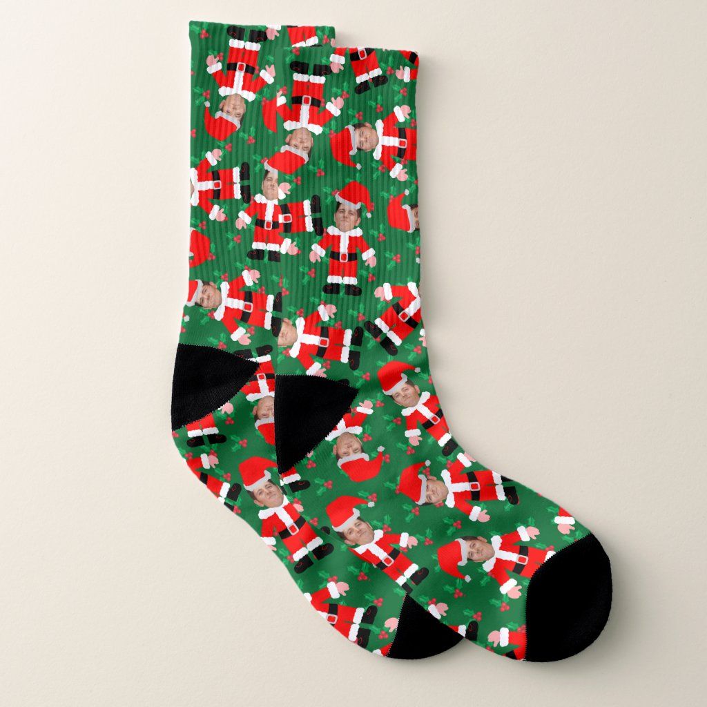 Custom Face Photo Santa Claus Funny Christmas Socks, Men's, Size: Large, Red | Zazzle