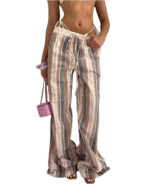GORGLITTER Women's Striped Linen Pants Low Waist Wide Leg Long Bell Bottoms | Amazon (US)