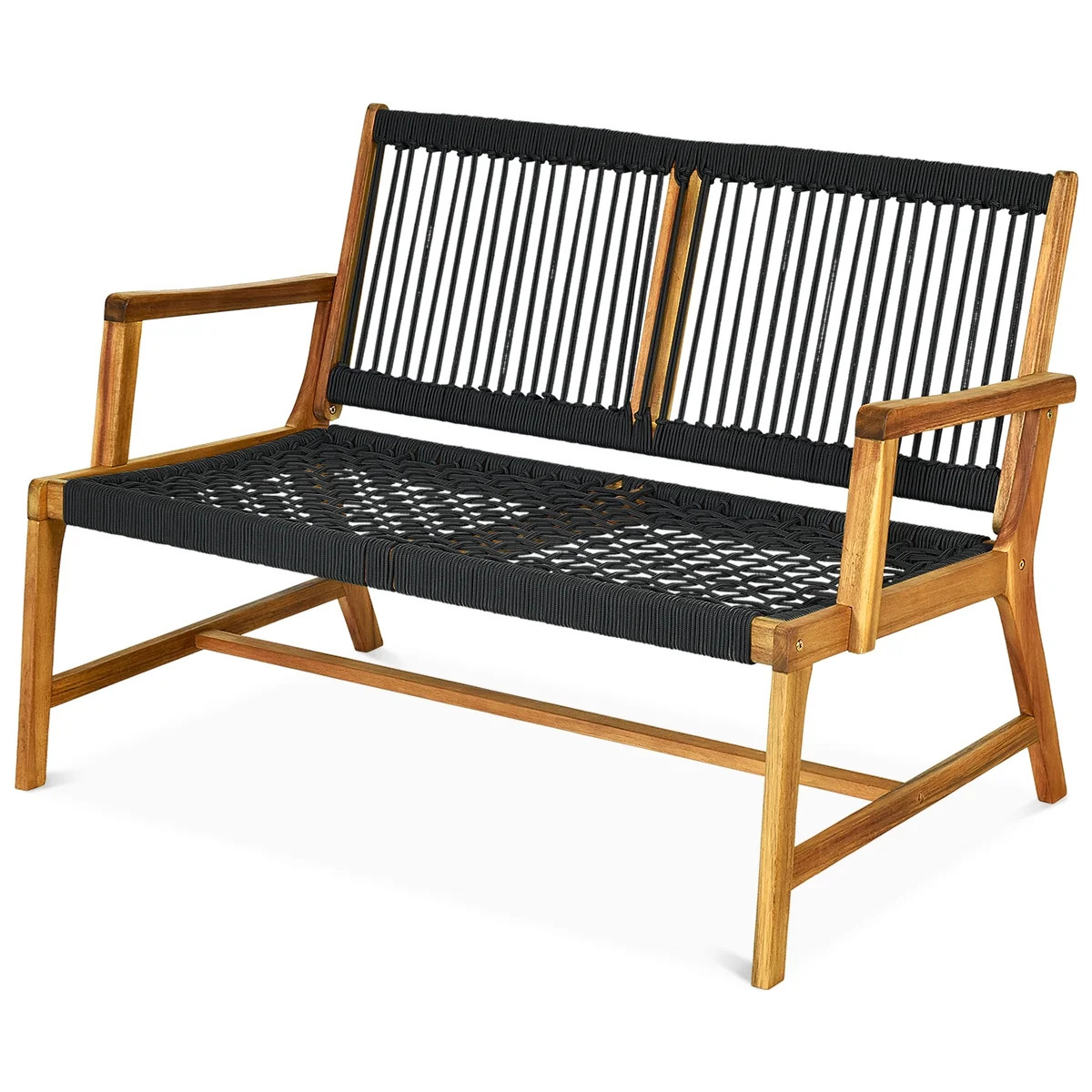 Topbuy 2-Person Outdoor Acacia Wood Bench Patio Loveseat Rope Bench Black | Walmart (US)