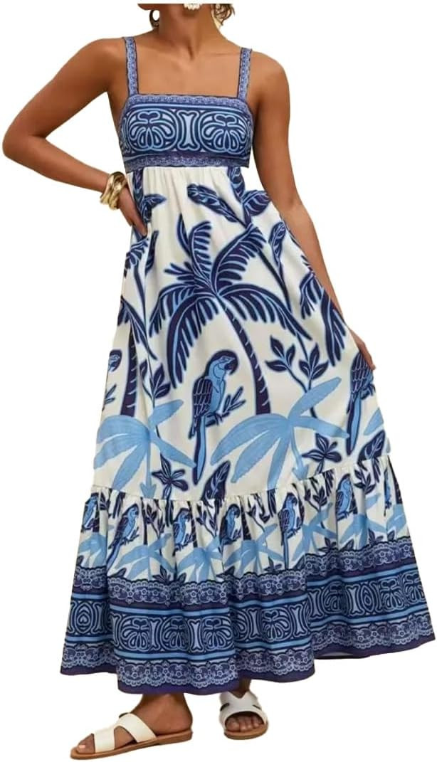 Women's Summer Floral Boho Dress High Waist Spaghetti Strap Backless Maxi Dresses for Vacation Be... | Amazon (US)