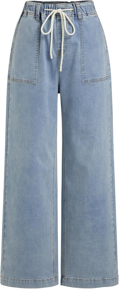CIDER Womens Drawstring Baggy Wide Leg Jeans High Elastic Waist Boyfriend Jeans with Deep Pockets... | Amazon (US)