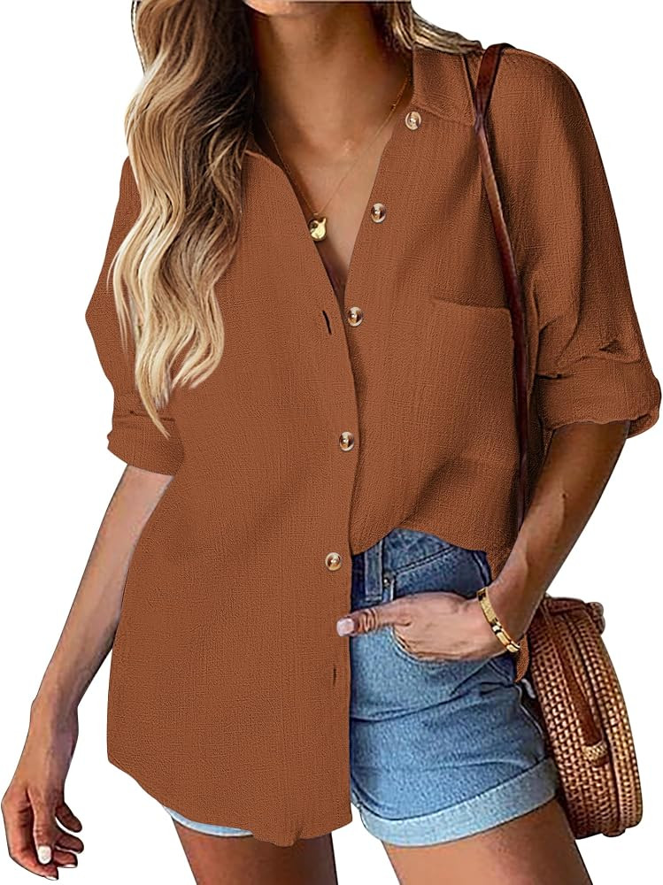 HOTOUCH Womens Linen Button Down Shirt Casual Long Sleeve Cotton Blouse Loose Fit Collared Work G... | Amazon (US)