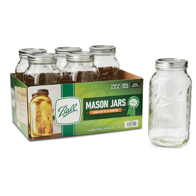 Ball Wide Mouth 64oz Half Gallon Mason Jars with Lids & Bands, 6 Count | Walmart (US)