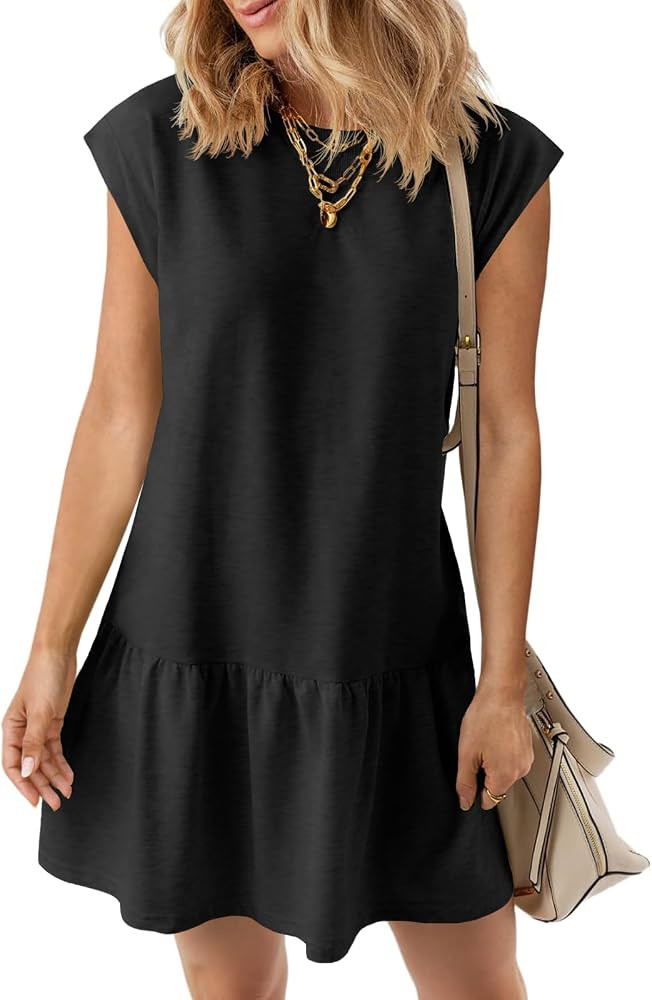 Wenrine Womens Summer T Shirt Dress Casual Short Cap Sleeve Ruffle Hem Crewneck Loose Mini Dresse... | Amazon (US)