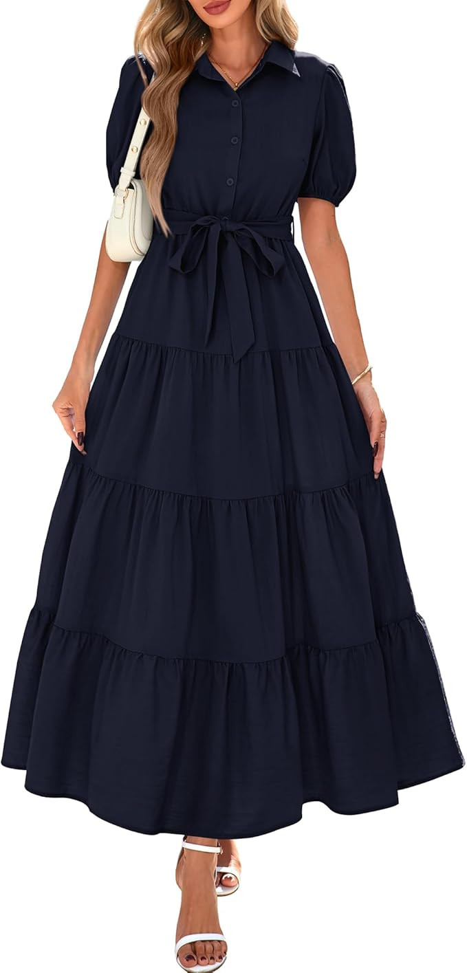 dowerme Womens Summer Dresses 2025 Short Sleeve Button Tie Waist Beach Vacation Clothes Boho Flow... | Amazon (US)