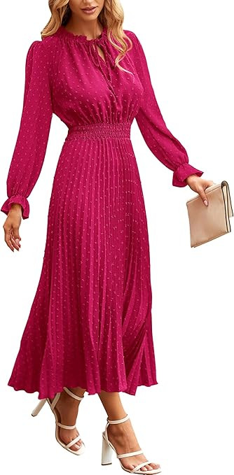 PRETTYGARDEN Women's 2026 Spring Fall Midi Dress Casual Long Sleeve V Neck Swiss Dot Pleated A Li... | Amazon (US)