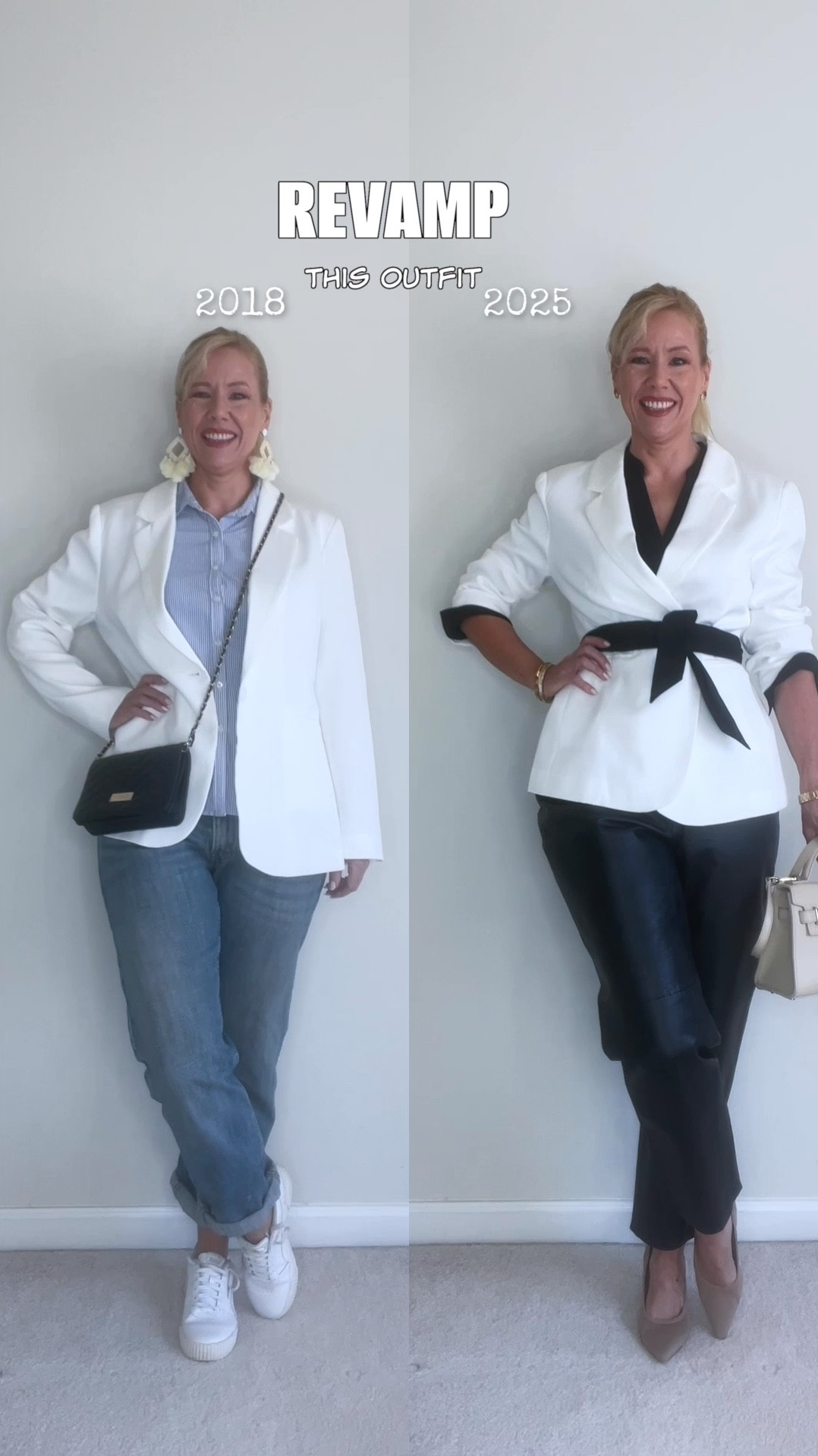 2018 vs 2025! Which one do you like better? 🤔 Wearing vintage leather pants by Tower Hill! You can still find these on eBay/Poshmark. Honestly, I’d rather buy used real leather pants than brand new pleather pants. 🫣 

#LTKOver40 #LTKgrwm #LTKootd