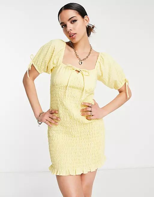 ASOS DESIGN shirred milk maid beach dress in yellow texture | ASOS (Global)