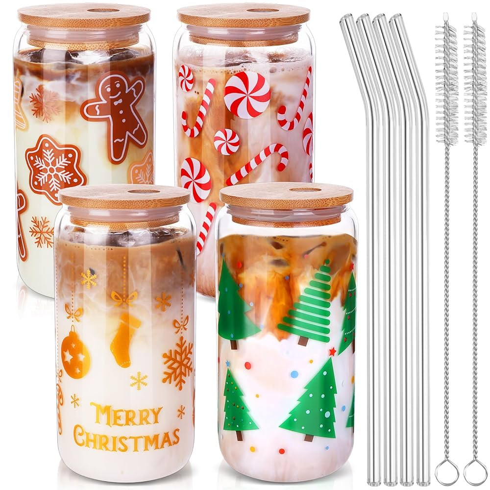 Mkhaslri 4 PCS Glass Cups, 16oz Christmas Mason Jars with Lid and Straw Christmas Tumbler Drinkin... | Amazon (CA)
