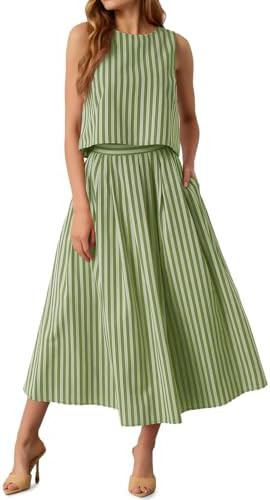 Tankaneo Womens 2 Piece Skirt Sets Summer Striped Sleeveless Tank Tops Midi Dress Travel Vacation... | Amazon (US)