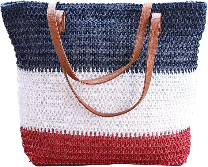 Large Straw Tote Bag for Women Rattan Woven Straw Beach Bag Purse Colored Stripe Shoulder Bags Ha... | Amazon (US)