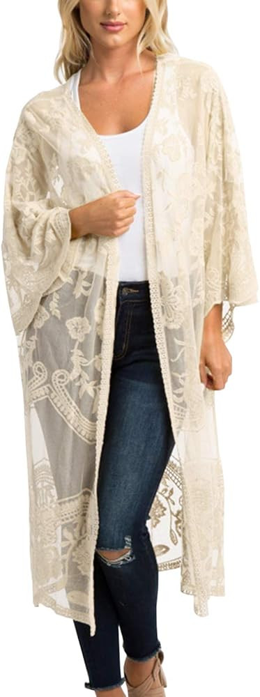 Women's Flowy Bathing Suit Kimono Cardigan Lace Crochet Swimwear Floral Cover Ups | Amazon (US)