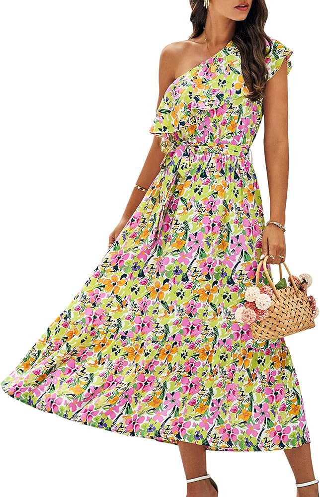 BTFBM Women's One Shoulder Maxi Dress Sleeveless Casual Summer Layered Ruffle Boho Floral Print P... | Amazon (US)