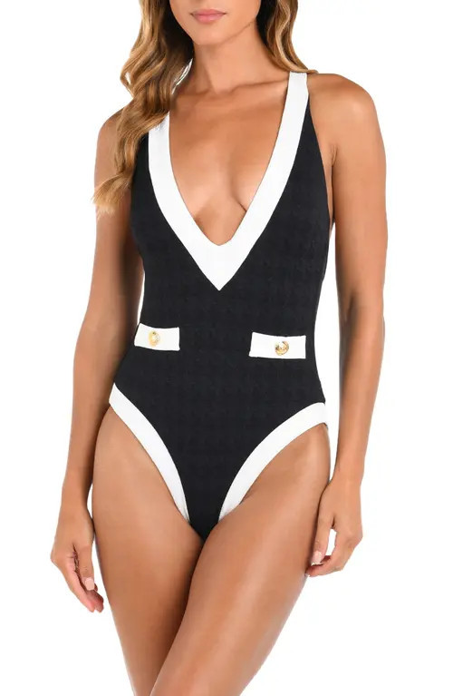 L'AGENCE Lisa Colorblock Plunge One-Piece Swimsuit in Black at Nordstrom, Size X-Large | Nordstrom