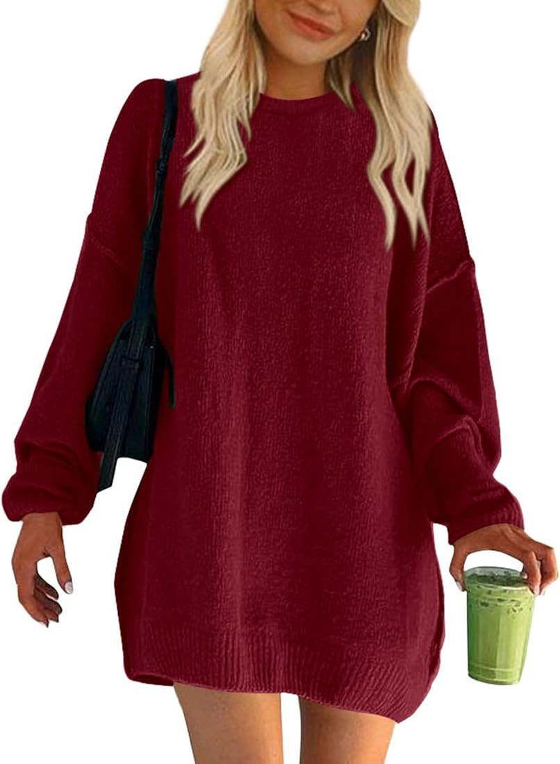 BTFBM 2024 Womens Sweaters Casual Crewneck Long Sleeve Oversized Sweater Dress Fall Winter Loose ... | Amazon (US)