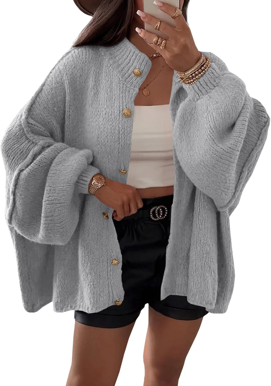 Saodimallsu Womens Oversized Cardigans Long Lantern Sleeve Button Down Chunky Knit Loose Fall Sweater Coats | Amazon (US)