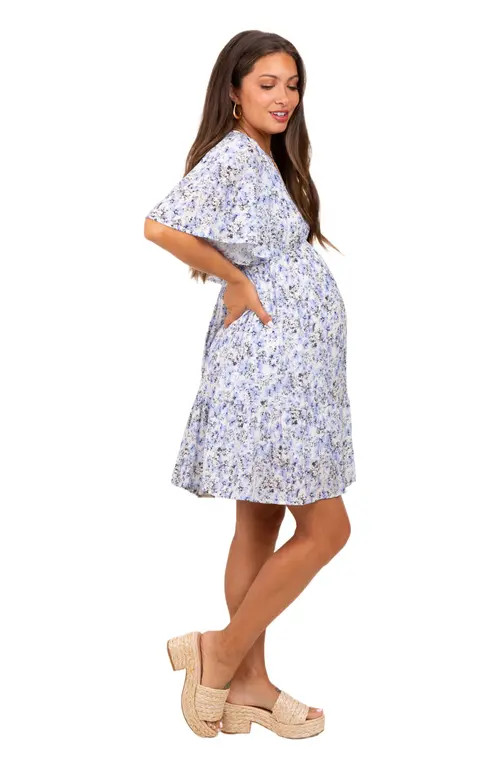 PinkBlush Floral V-Neck Flutter Sleeve Mini Dress in Periwinkle at Nordstrom, Size Small | Nordstrom
