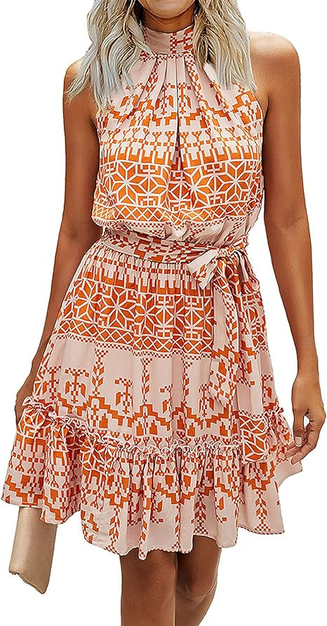 BTFBM Women 2023 Summer Halter Neck Dresses Sleeveless Casual Floral Polka Dot Leopard Print Shor... | Amazon (US)