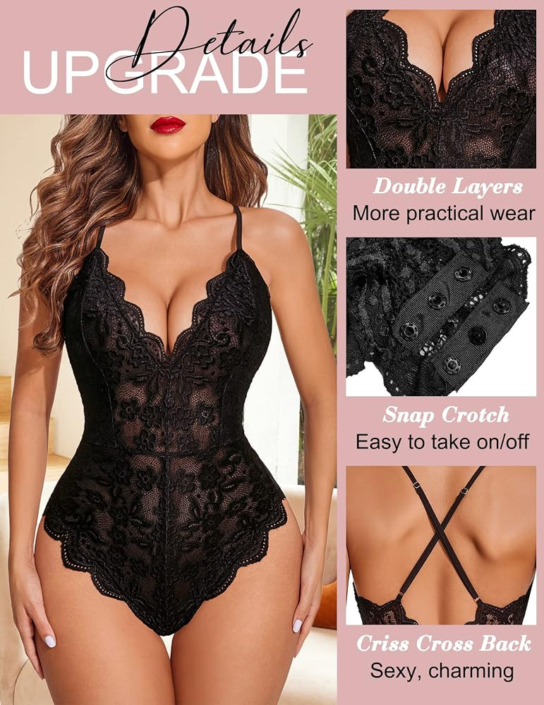 Avidlove Women One Piece Lingerie Deep V Teddy Sexy Lace Bodysuit Snap Crotch Babydoll | Amazon (US)