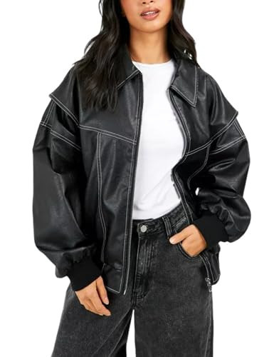 Gihuo Women's Oversized Faux Leather Jacket Fashion Zip Up Motorcycle Jackets Moto Biker Coat Fall Winter Outfits(Black-S) | Amazon (US)