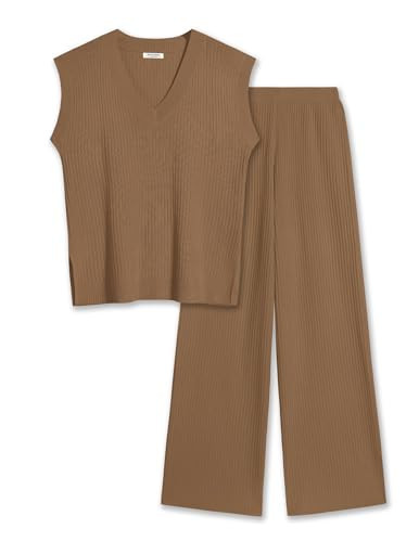 Ekouaer Lounge Sets for Women 2 Piece Outfits Knit Cap Sleeve PJ Tops Long Pajama Pants Casual Sweater Set Light Brown S | Amazon (US)