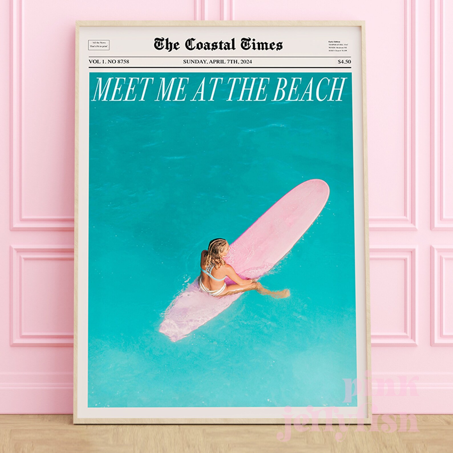 meet me at the beach wall art newspaper print, surf print, pink surfboard, dorm decor for college... | Etsy (US)