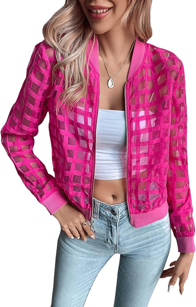 Floerns Women's Hollow Out Long Sleeve Baseball Collar Zip Up Bomber Jacket | Amazon (US)