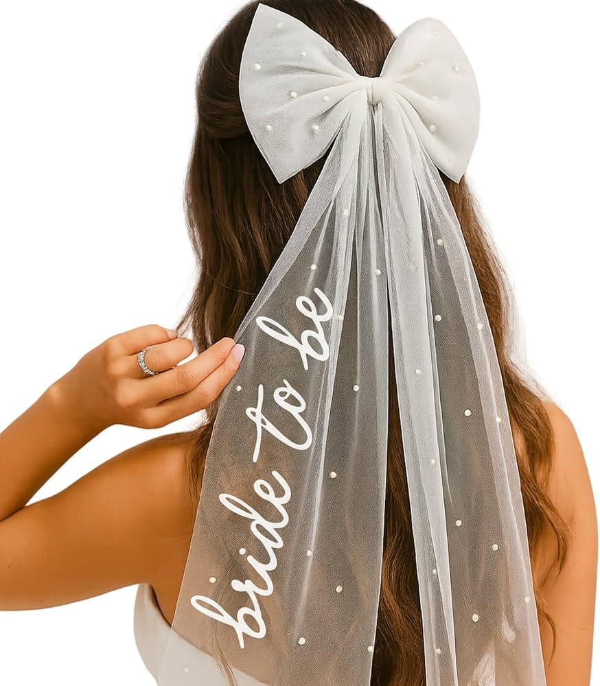 Bride to Be Bow Veil with Pearls, TWPER White Bridal Hair Bow Clip with Veil for Bachelorette Par... | Amazon (US)