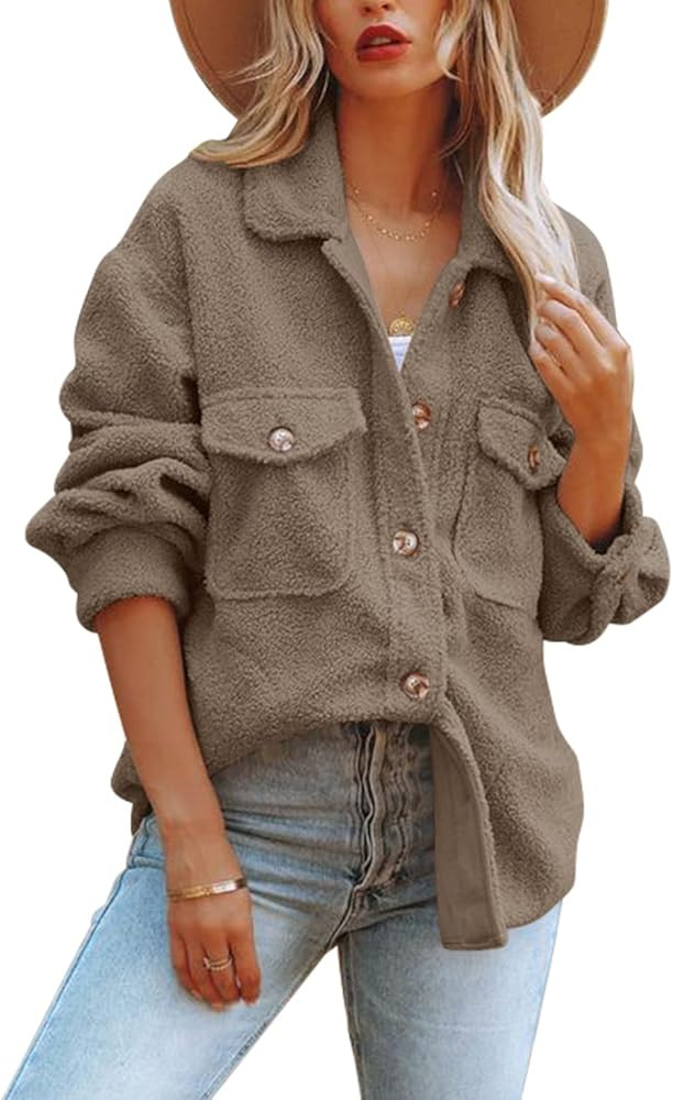 Nirovien Womens Oversized Fleece Jakcets Button Down Sherpa Shacket Fuzzy Coats Casual Warm Teddy... | Amazon (US)