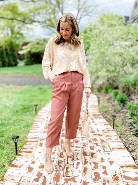 Spring outfit with Amazon trousers and a lightweight star sweater off the shoulder or on, I have it in two colors! Both are tts  

#LTKstyletip #LTKSeasonal #LTKFind