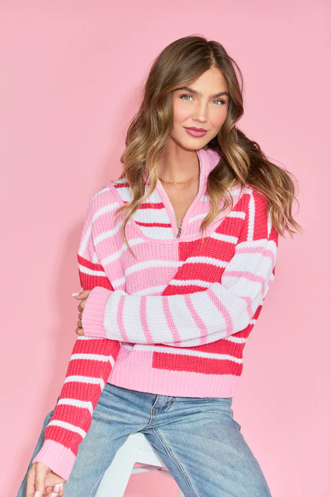 Worth Melting For Striped Color Block Quarter Zip Pullover Sweater | Pink Lily