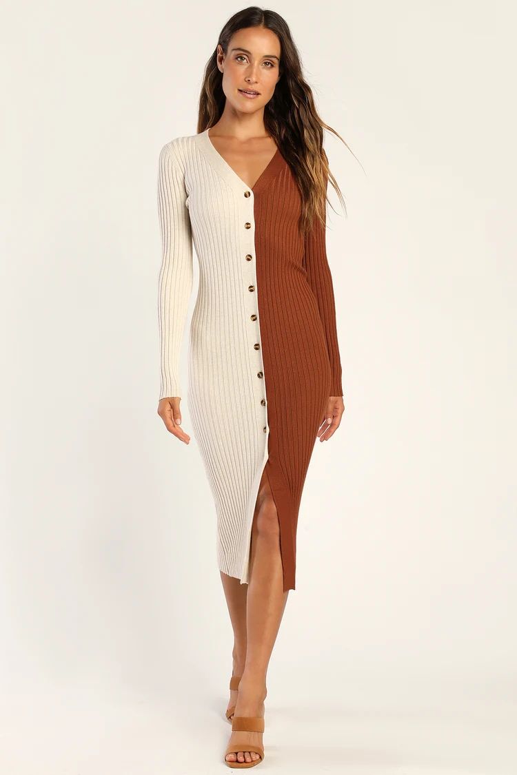 Charming Combo Cream and Brown Ribbed Button-Front Sweater Dress | Lulus
