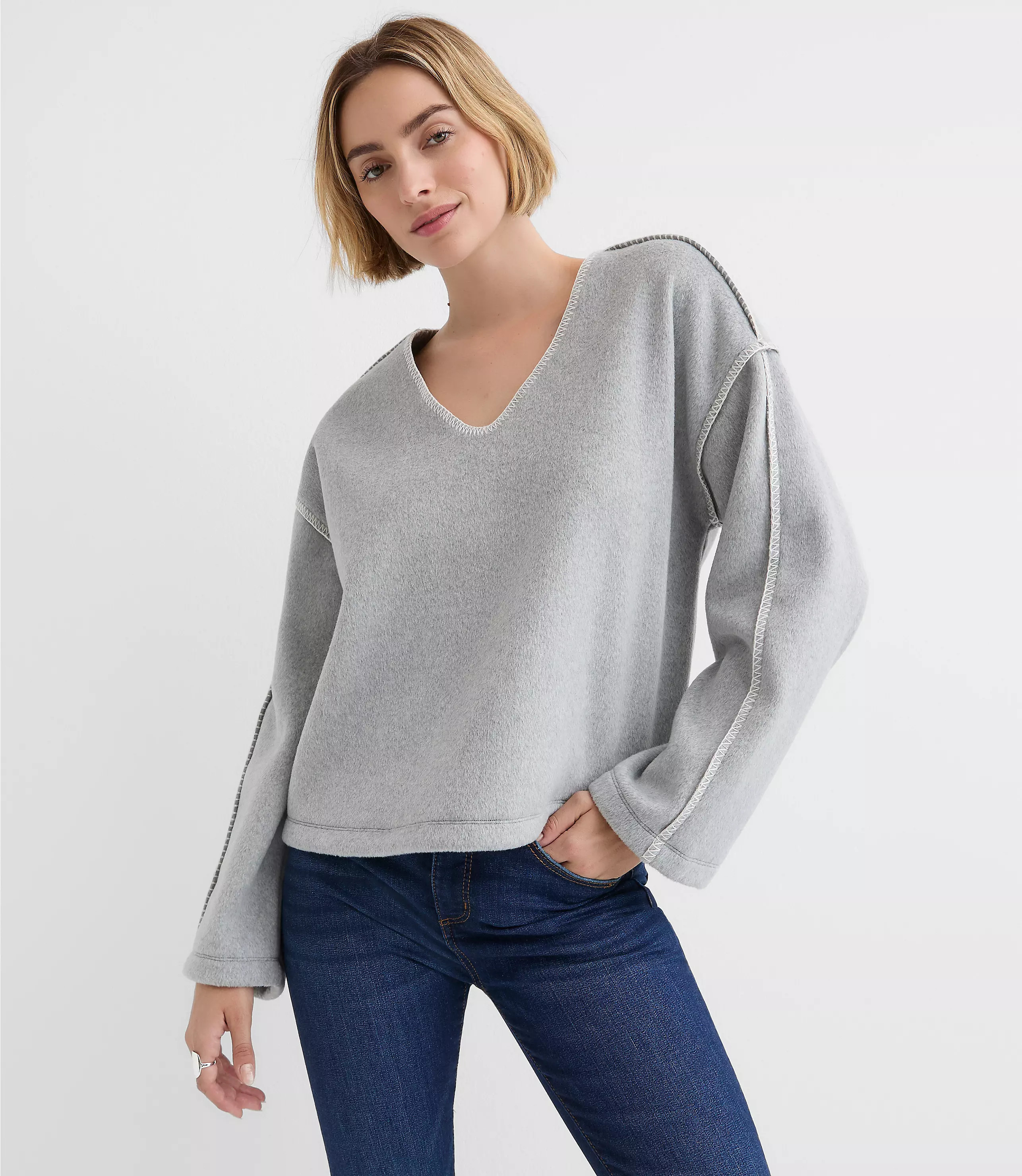 Heathered Whipstitch Fleece Top | LOFT