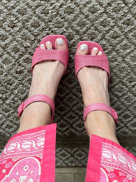 Pink block heel raffia sandals on sale for $30 - size up 1/2 size in these! 

#LTKshoecrush #LTKfindsunder50 #LTKsalealert