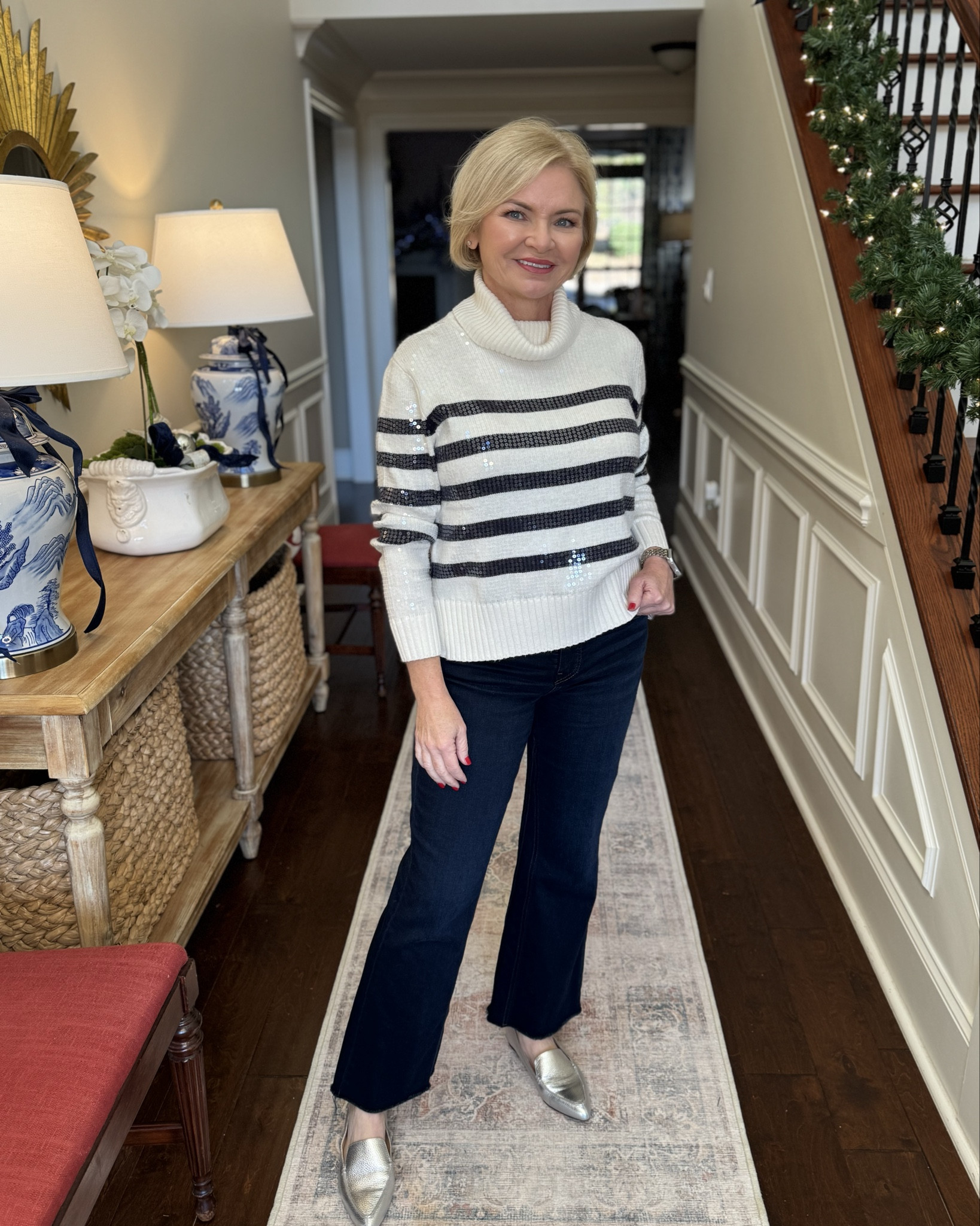 Wearing Small Petite sweater, 4 pants  

Christmas sweater
Christmas outfit
Holiday outfits
Holiday party 
Sparkle
Over 50
Petite style

#fashionover50
#stylewithserena
#christmassweater
#christmasoutfits
#holidayoutfits
