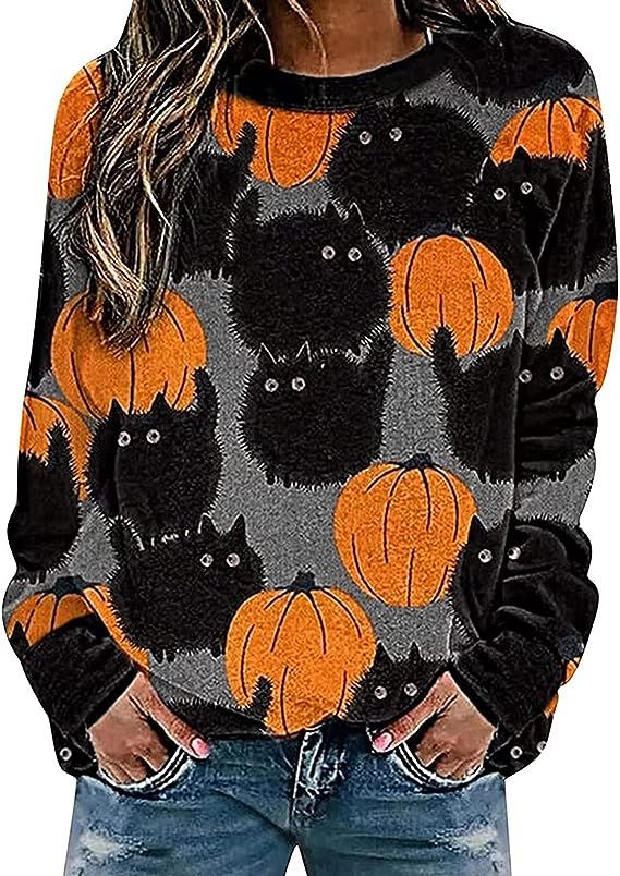 Neyaolk Pumpkin-Sweatshirt Halloween Crewneck Shirt - Cats Graphic Printed Long Sleeve Loose Pull... | Amazon (US)