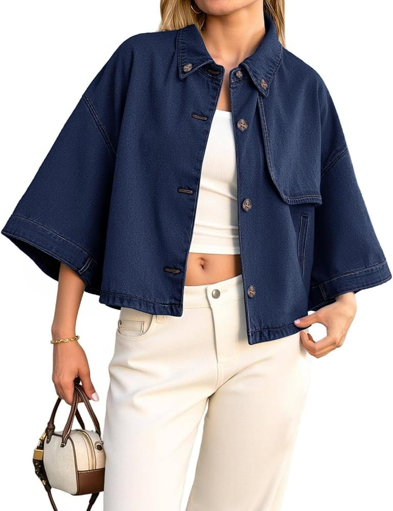 Tankaneo Womens Cropped Denim Jackets Casual Button Down Jean Shirt Shacket Loose 3/4 Sleeve Coat... | Amazon (US)