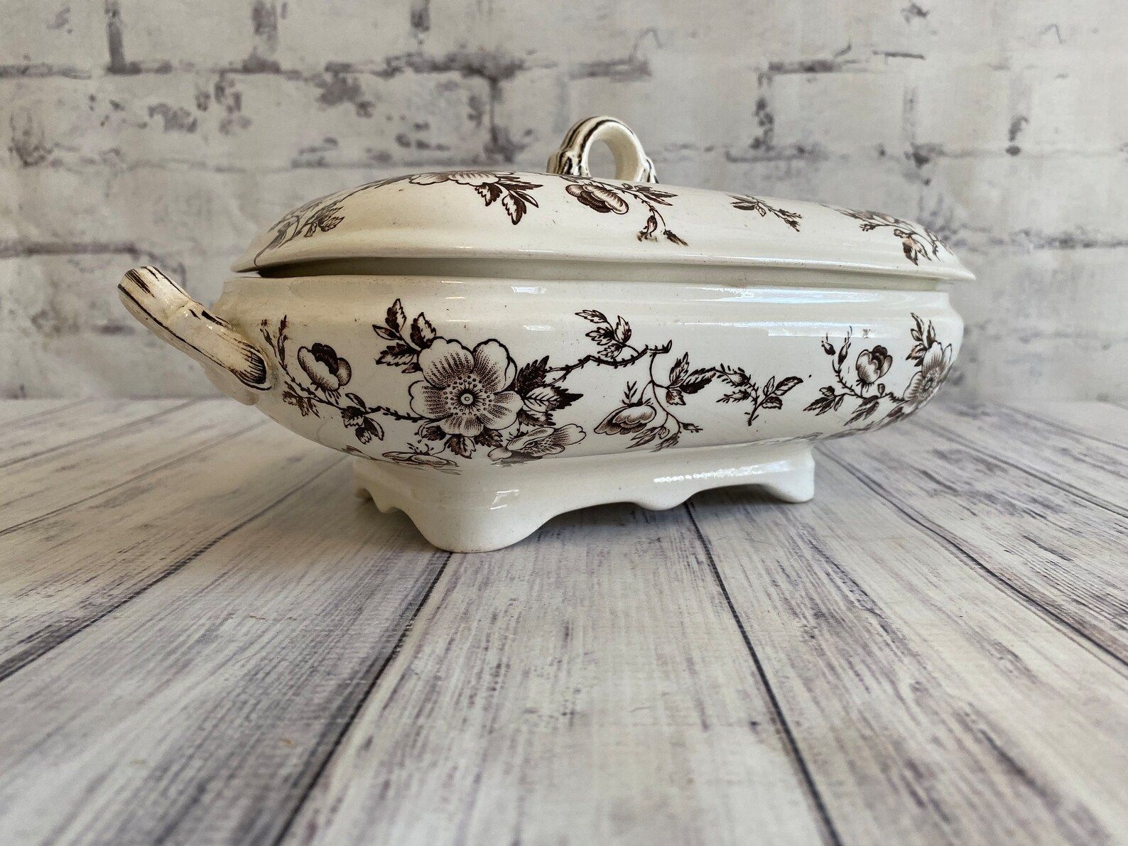 Antique Brown and White Transferware Covered Serving Bowl | Etsy | Etsy (US)