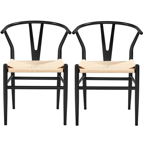 Alden Design Mid-Century Metal Dining Chairs with Woven Hemp Seat, Set of 2, Black - Walmart.com | Walmart (US)